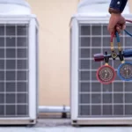 Technician is checking air conditioner ,measuring equipment for filling air conditioners. | Vfix Maintenance Home maintenance company Dubai