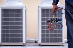 Technician is checking air conditioner ,measuring equipment for filling air conditioners. | Vfix Maintenance Home maintenance company Dubai